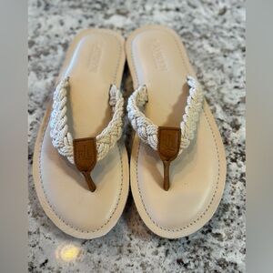 Ralph Lauren Cream Braided Rope Thong Sandals with Tan Leather Trim